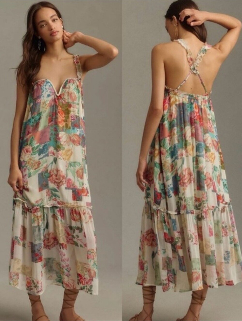 NWT Anthropologie Floral Patchwork Maxi Dress in Cream, Pink, Green, Blue